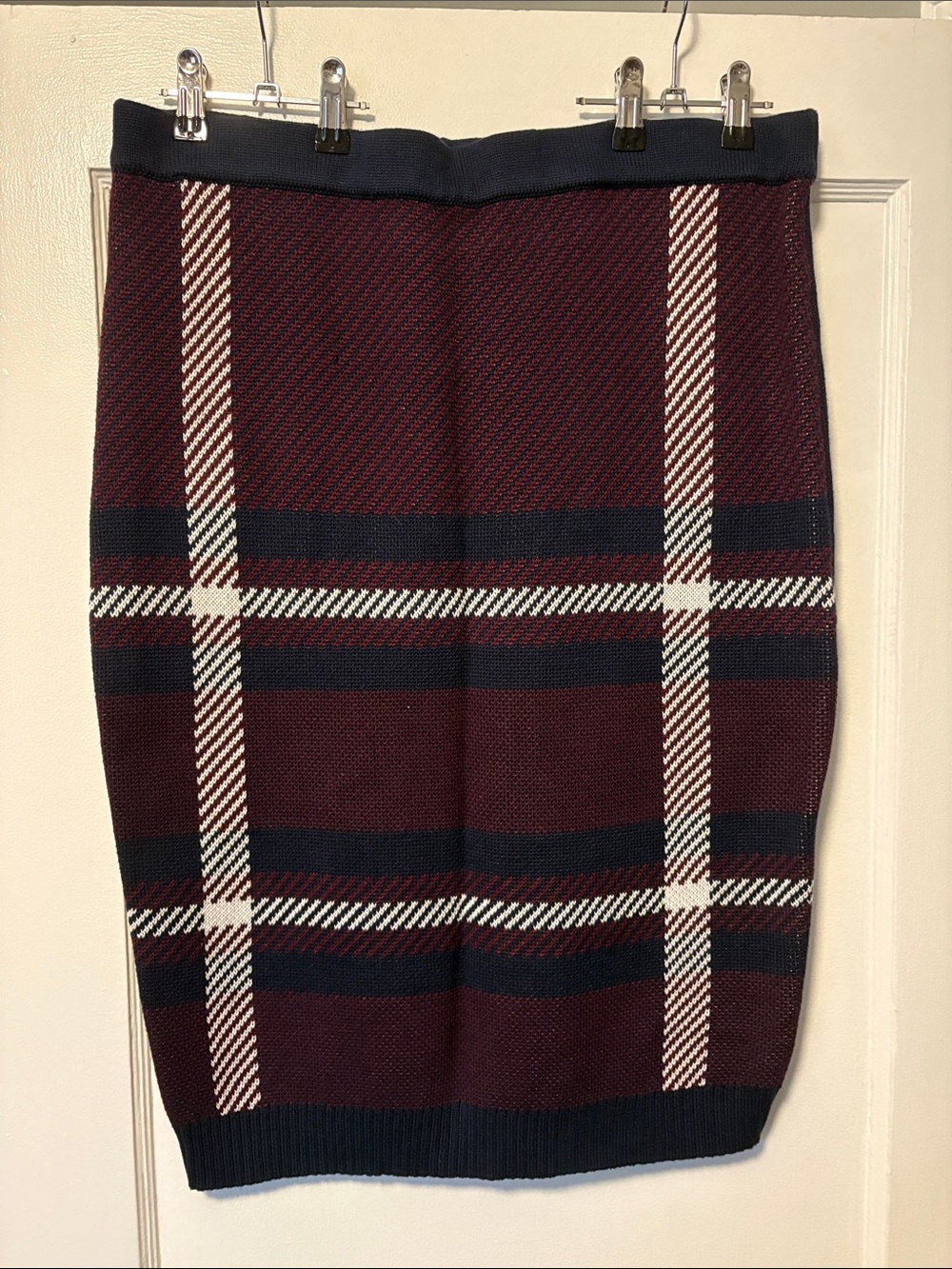 Eloquii Burgundy Plaid Pencil Skirt with Navy & Cream Stripes
